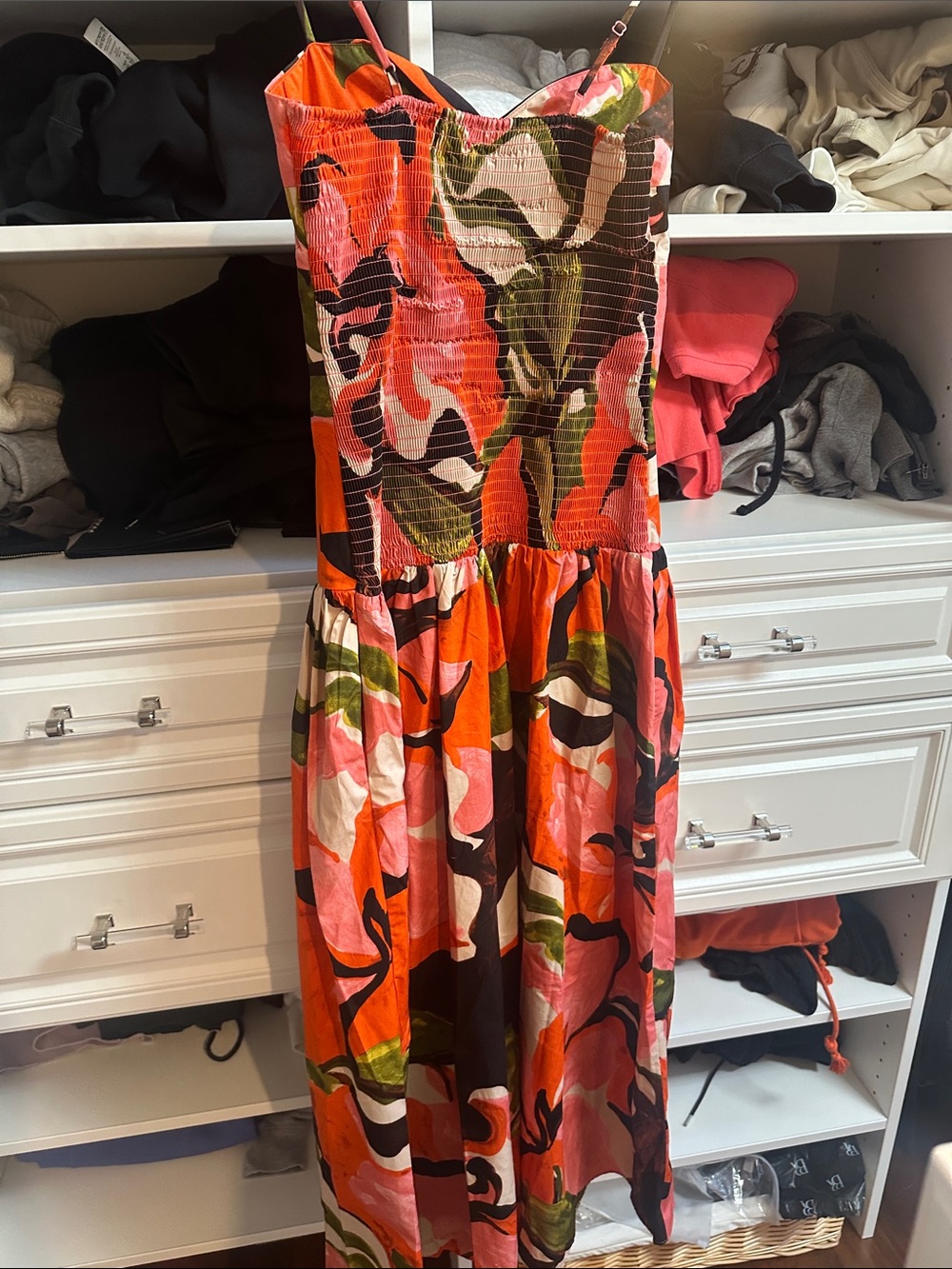 Express Floral Poplin Sweetheart Drop Waist Smocked Back Maxi Dress with Pockets - Picture 5 of 9